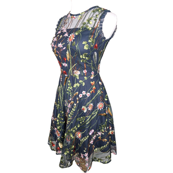 Morgan & Co Navy Lace Floral Embroidered Illusion Garden Fairy Short Formal Gown - Picture 6 of 16